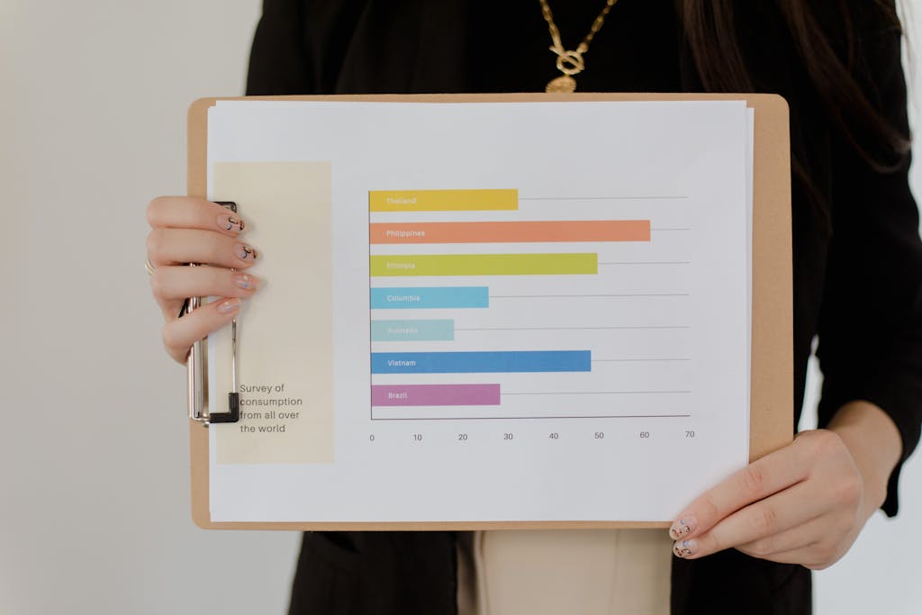 Businesswoman displaying bar chart survey results on clipboard. Ideal for business analysis stock photos.