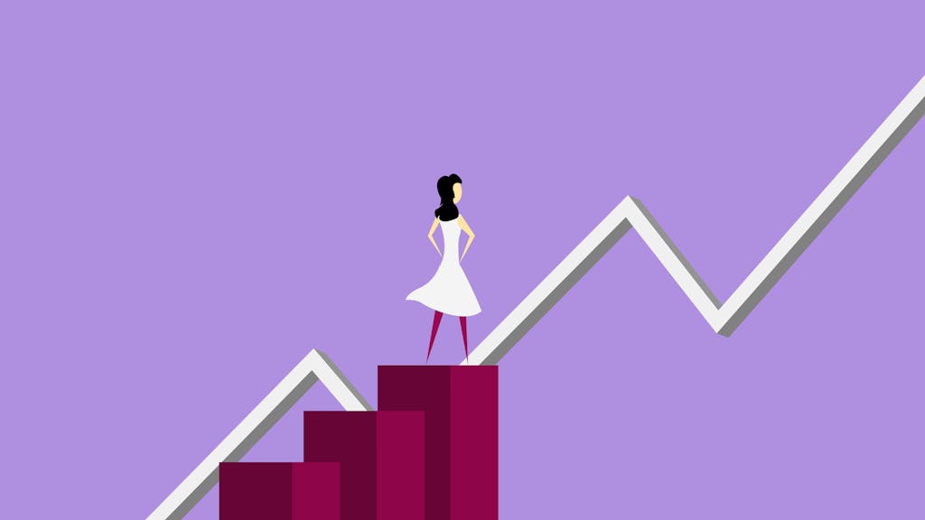 Minimalist illustration of a woman on a growth chart, symbolizing career progress and success.