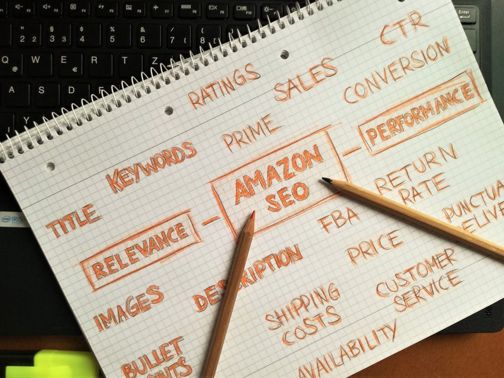 Notebook with handwritten Amazon SEO strategy topics highlighted on a keyboard.