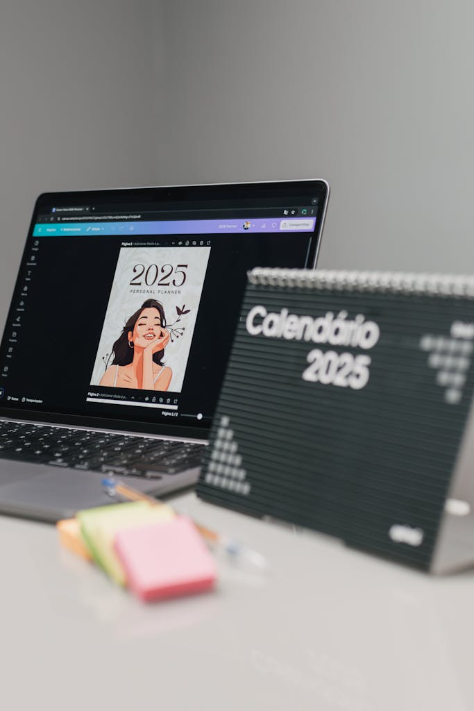 Organized office desk with 2025 calendar and laptop for modern productivity.